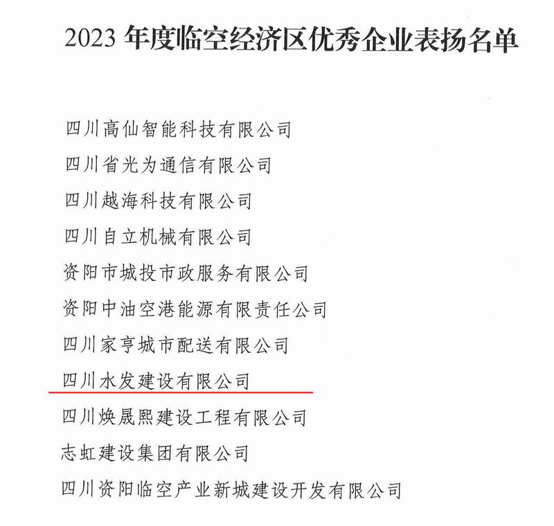 公司榮獲2023年度資陽臨空經濟區優秀企業稱號